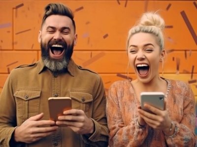 Excited male and female hipsters celebrate after winning an online lottery they wagered on using a contemporary smartphone and Generative AI.